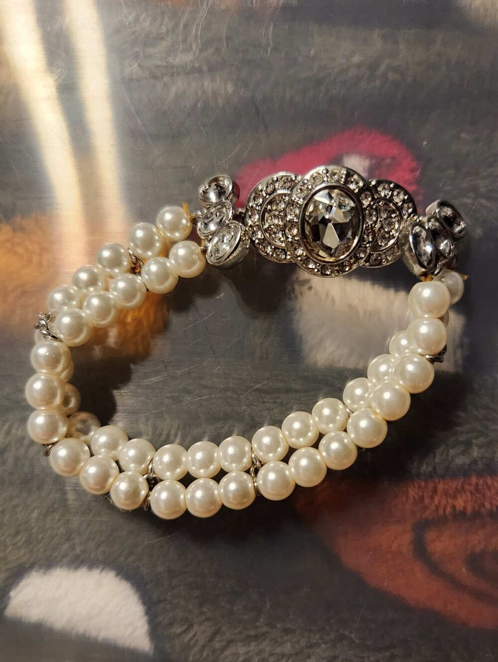 Pearl and Crystal Multi-Row Bracelet - White Pearls with Silver Accents